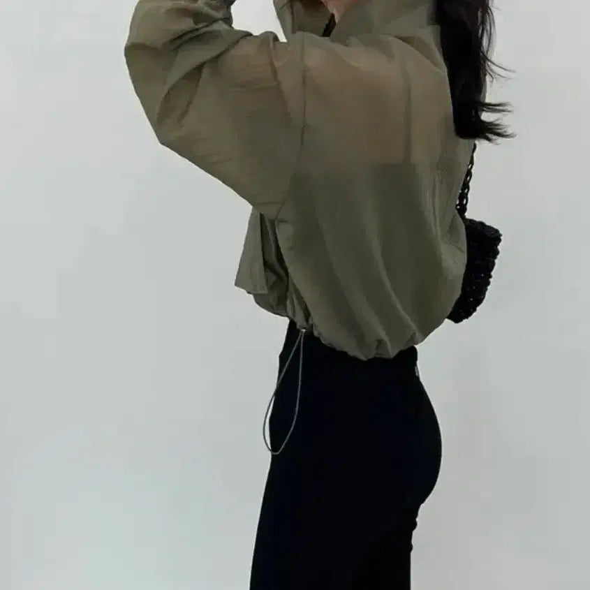 [BUNJANG] High Neck String Windbreaker Jacket (Black/Khaki) / # (카키) 하이넥 스트링 윈드 바람막이