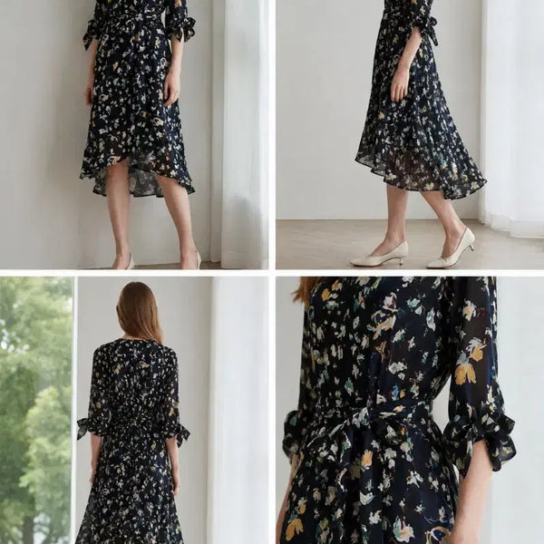 [BUNJANG] TIME (Hansem) Chiffon Floral Belted Long Dress / [한섬 정품] 타임(TIME) 쉬폰 플라워 패턴 벨티드 롱 원피스