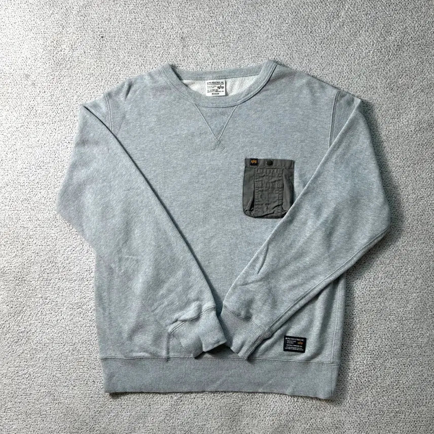 [BUNJANG] Alpha Industries Melange Grey Ripstop Pocket Sweatshirt / 알파인더스트리의 멜란지 그레이 립스탑 포켓 맨투맨