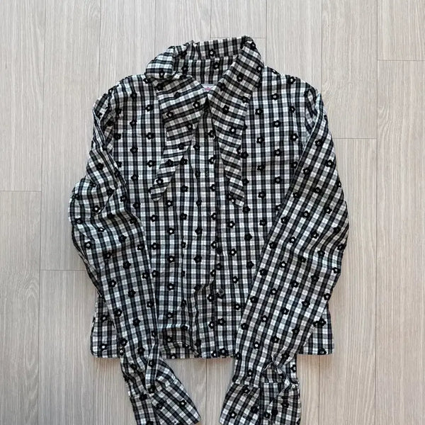 [BUNJANG] Checkered Floral Shirt Blouse / 러프넥 롱카라 체크 플라워 셔츠 블라우스