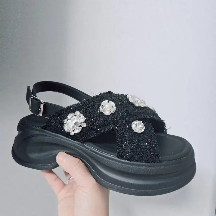 [BUNJANG] Black Tweed Embellished Sandals Slippers / 블랙 트위드 보석 장식 샌들 슬리퍼