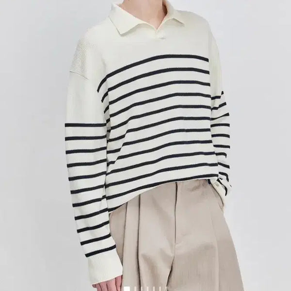 [BUNJANG] System Homme Open Collar Stripe Knit / 시스템옴므 오픈카라 스트라이프 니트