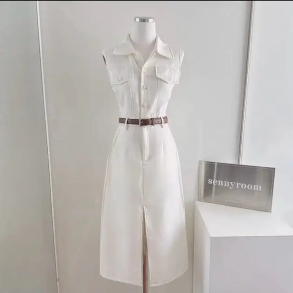[BUNJANG] Sleeveless Collar Long Dress with Belt / 나시 셔츠 벨트 롱원피스