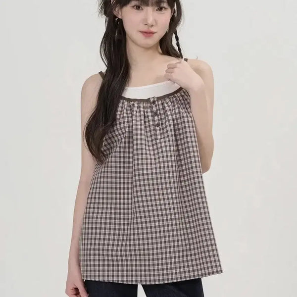 [BUNJANG] TOPIWOMAN Vintage Check Sleeveless Top (Brown) / 토피우먼 빈티지 체크 슬리브리스 (BROWN)