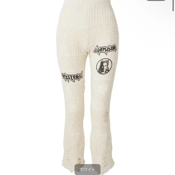 [BUNJANG] Hysteric Glamour Metal Logo Distressed Knit Flare Pants White / 히스테릭글래머 메탈 로고 데미지 니트 플레어 팬츠 화이트