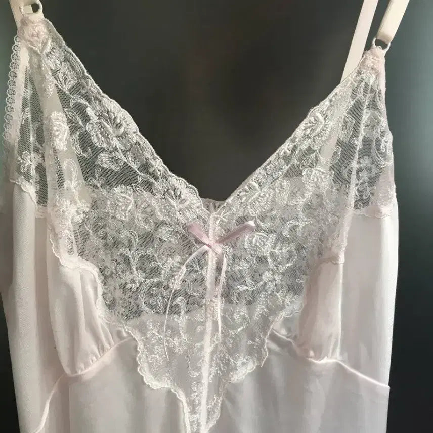 [BUNJANG] Vintage Baby Pink Lace Ribbon Slip Dress / 일본빈티지 새제품 베이비핑크 연핑크 핑크레이스 리본 슬립 나시원피스