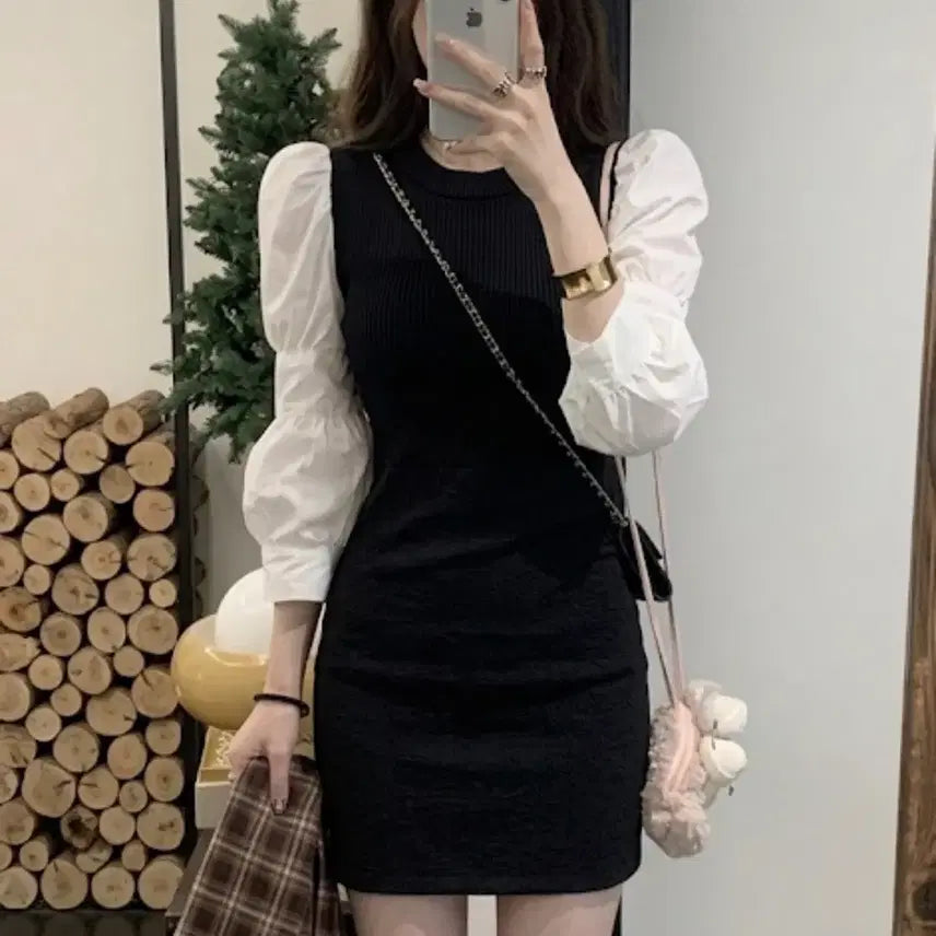 [BUNJANG] Colorblock Puff Sleeve Black Mini Dress / 배색 퍼프 소매 블랙 미니 원피스