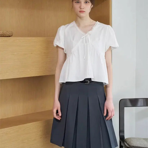 [BUNJANG] Wished Ribbon Point Short-Sleeve Blouse - White/Ivory / 이번주만 원가 5.9) 위시드 리본 포인트 반팔 블라우스 화이트 아이보리