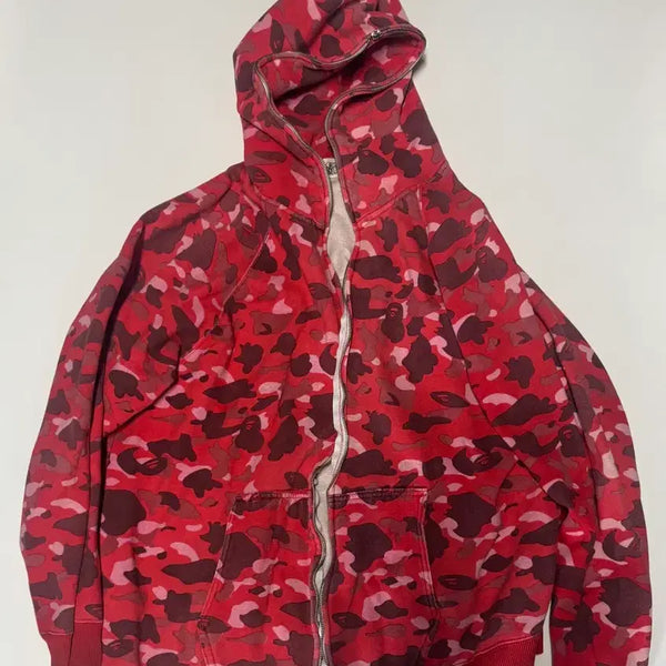 [BUNJANG] Bape Old School Red Camo Hoodie Zip-Up XL / 희귀!! 베이프 Bape 올드스쿨 레드 카모 후드집업 XL 지퍼고장