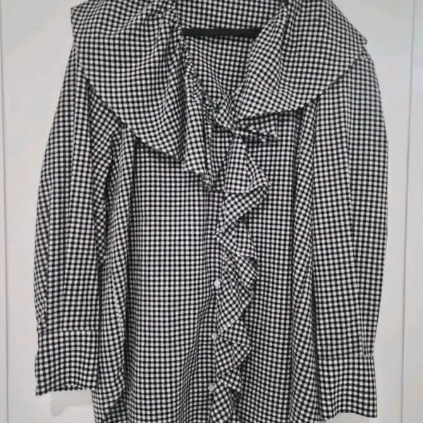 [BUNJANG] Nop Famidec Check Frill Blouse / 놉 파미아베크 체크 프릴 남방