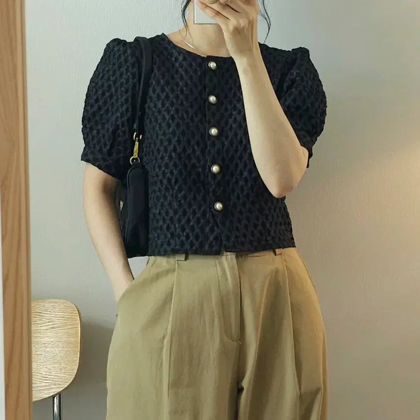 [BUNJANG] Women's Round Neck Puff Sleeve Jacquard Jacket Black / (M)여성 라운드넥 반팔 자켓 자가드 퍼프 블랙 J9W3347