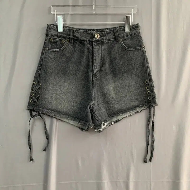 [BUNJANG] M Fancy Club Cut-off String Black Denim Shorts / M 팬시클럽 컷오프 스트링 흑청 데님쇼츠 청반바지