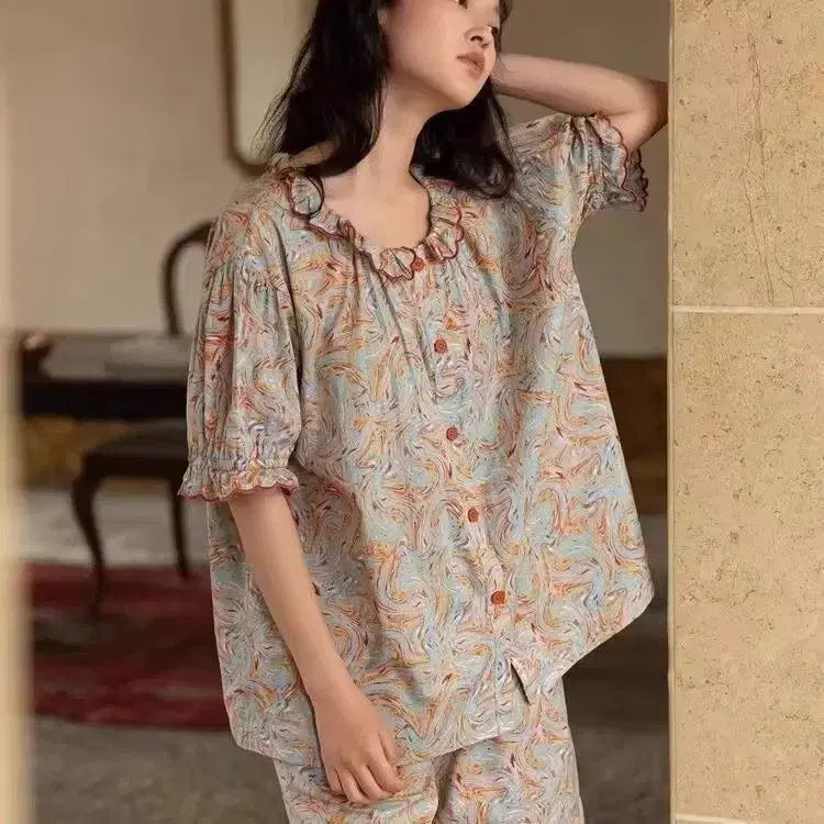 [BUNJANG] Marble Pattern Frill Pajama Set / 여성 파자마 세트 마블 패턴 프릴 잠옷