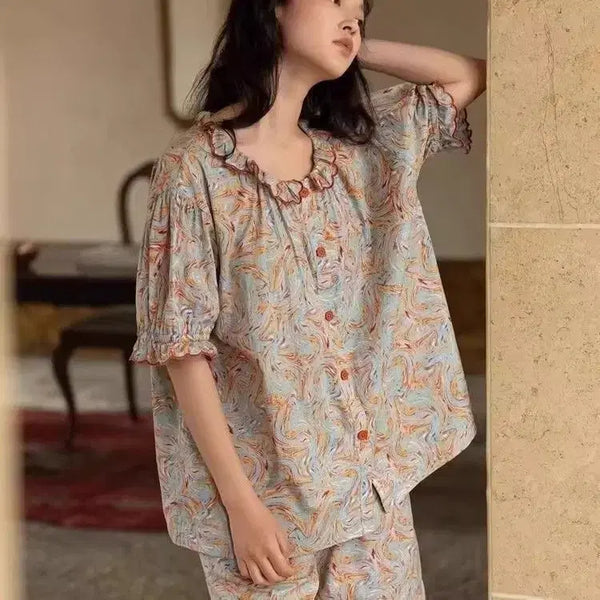 [BUNJANG] Marble Pattern Frill Pajama Set / 여성 파자마 세트 마블 패턴 프릴 잠옷