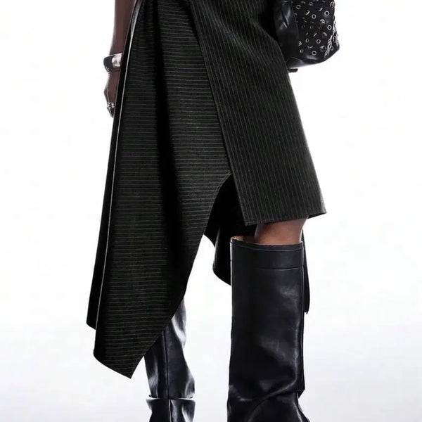 [BUNJANG] Black Stripe Asymmetrical Midi Skirt / 블랙 스트라이프 언발란스 스커트