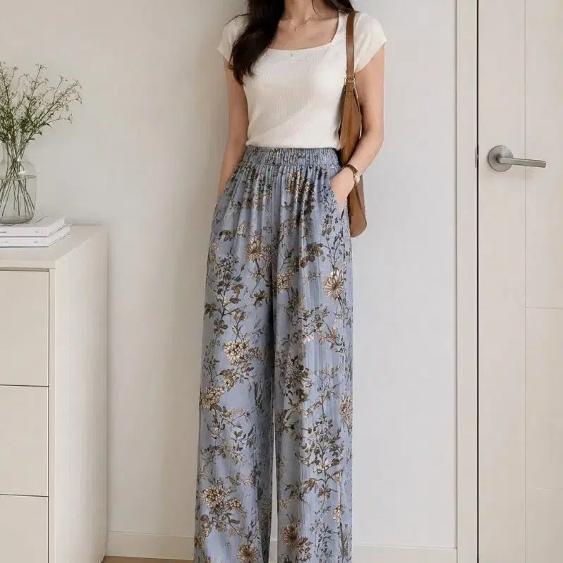 [BUNJANG] Flower Pattern Long Wide Pants / 플라워 패턴 롱 바지
