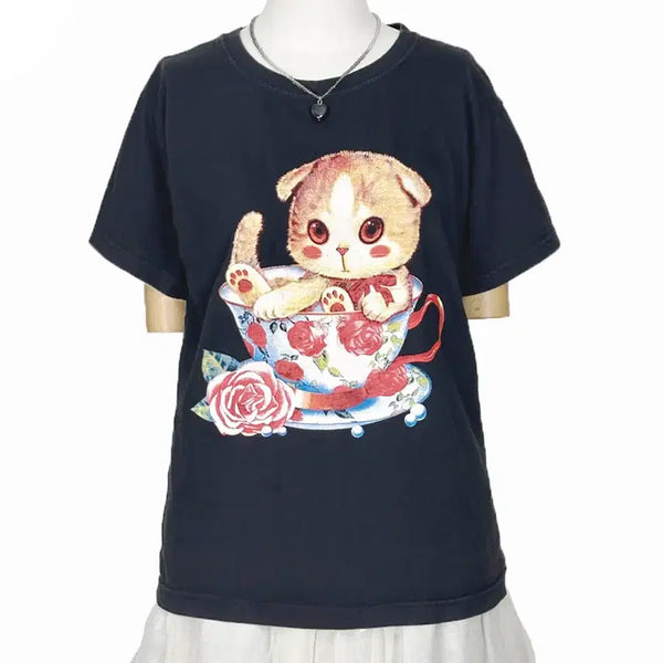 [BUNJANG] keikiii Double-Sided Cat Print T-Shirt Black / 일본빈티지 keikiii앞뒤고양이프린트티셔츠블랙모리걸하구미룩갸루y2k히피