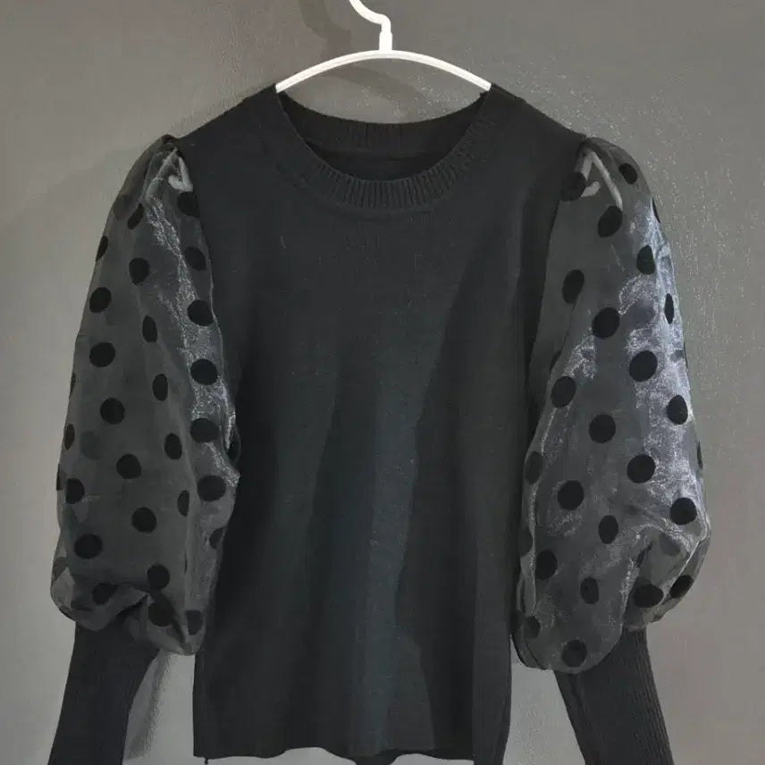 [BUNJANG] Black Dot See-through Puff Sleeve Knit Top / (새상품)블랙 도트 시스루 퍼프 니트