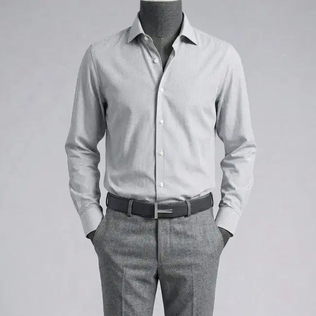 [BUNJANG] ZIOZIA And Z Gray Wide Collar Semi Stripe Shirt 100 / 지오지아 And Z / 그레이 와이드카라 세미 스트라이프 셔츠 / 100