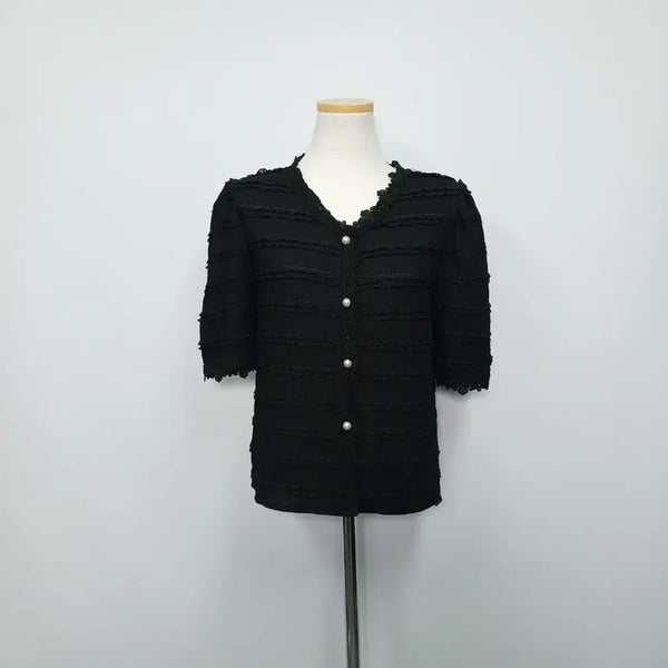 [BUNJANG] Cropped Cardigan with Lace and Pearl Detail / 크롭 반팔 가디건 레이스 진주 55