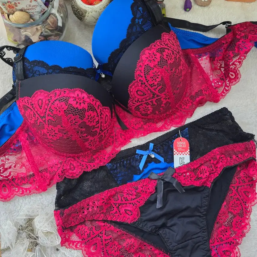 [BUNJANG] Women's Lingerie Set (2 Sets) - Blue Black & Red Black, 85B / 브라팬티세트 85B 2세트 묶음 판매 여성속옷세트