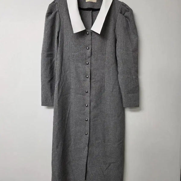 [BUNJANG] Gray Stripe Long Dress with White Collar / 회색 스트라이프 칼라 롱 원피스