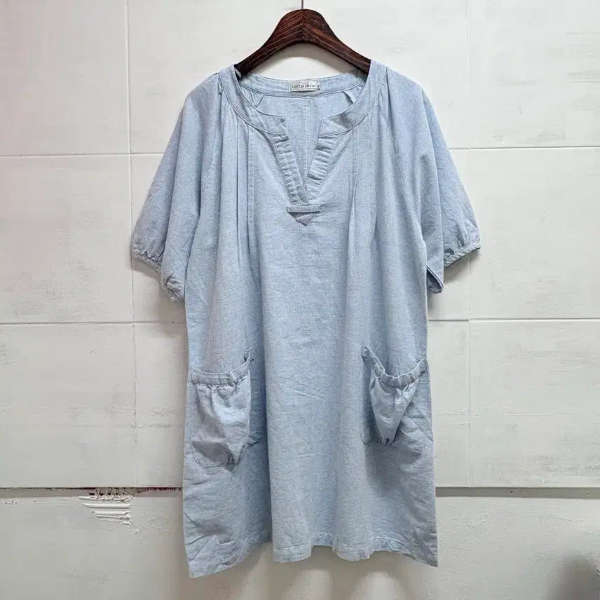 [BUNJANG] Sky Blue Cotton Linen Mori Girl Midi Dress / 하늘색 코튼 린넨 모리걸 포켓 미디 원피스 3L JPN