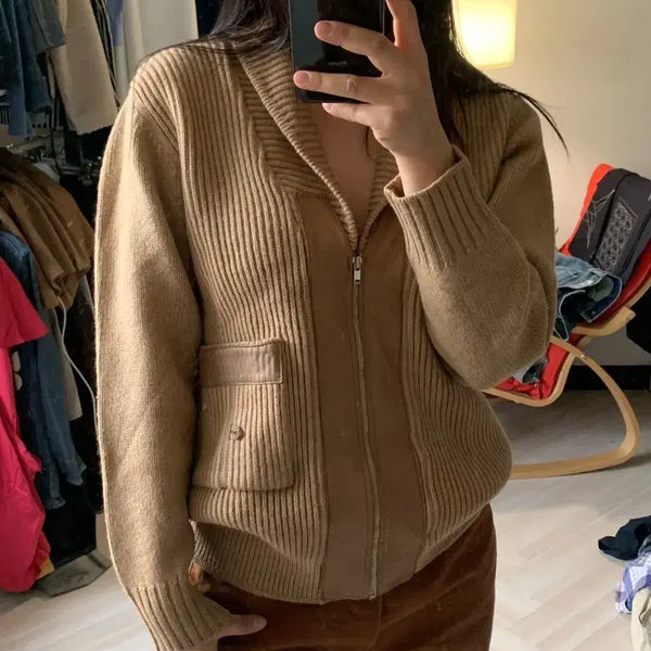 [BUNJANG] Pierre Balmain 90s Japanese-Made Leather Detail Cardigan / [pierrebalmain] 피에르발망 90s_made in Japan
