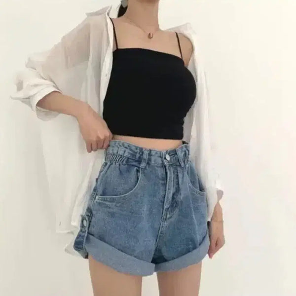 [BUNJANG] Two-Way Roll-up Denim Shorts (Light Wash, Size L) / 투웨이 롤업 쇼링 쭈리 반바지 연청 데님 L