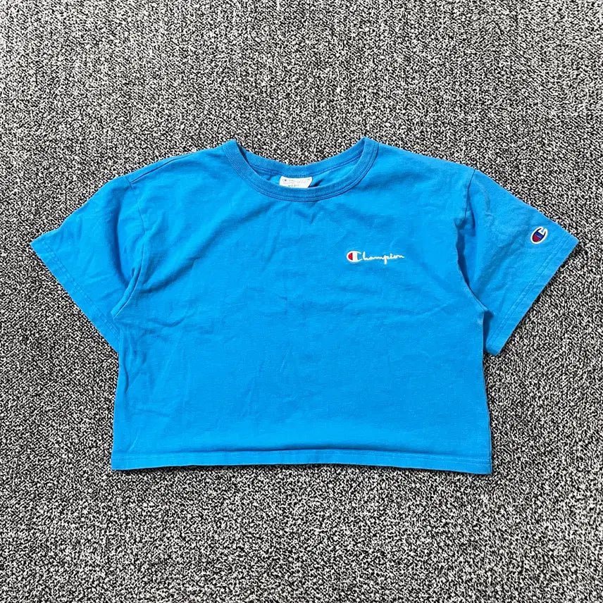 [BUNJANG] Vintage 9 Champion Cropped T-Shirt Blue / 빈티지9. 챔피온 크롭 반팔 티셔츠 반소매 블루