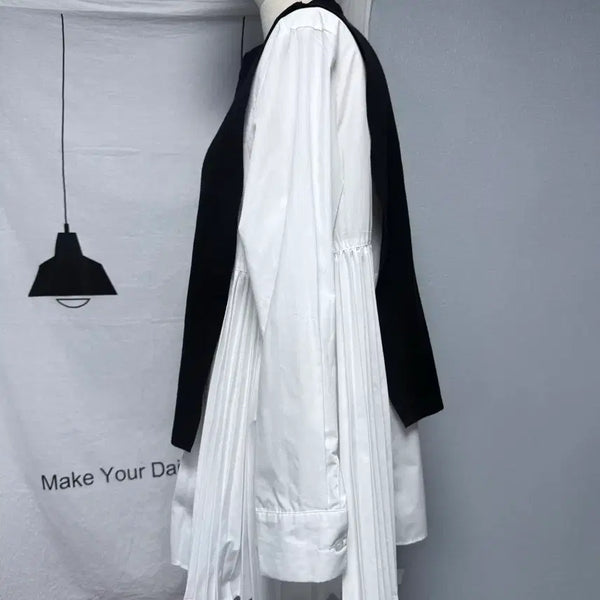 [BUNJANG] Pleats Point White Boxy Shirt Black Knit Slit Vest Layered Set / 플리츠 포인트 화이트 박시셔츠 블랙 니트 트임 조끼 베스트 레이어드 세트