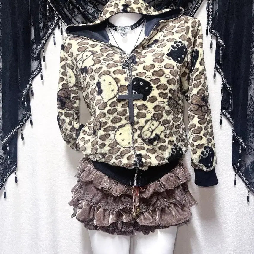 [BUNJANG] Vintage Hello Kitty "Nerd Girly" Leopard Print Fleece Zip-Up Hoodie / 고전 헬로키티 후드집업 괴짜 너드 오네갸루 호피 라떼 후리스 펑크 핀터