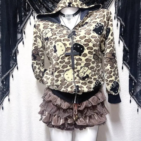[BUNJANG] Vintage Hello Kitty "Nerd Girly" Leopard Print Fleece Zip-Up Hoodie / 고전 헬로키티 후드집업 괴짜 너드 오네갸루 호피 라떼 후리스 펑크 핀터