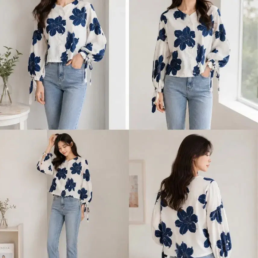 [BUNJANG] Flower Pattern Blouse with Ribbon Sleeves / 플라워 패턴 블라우스 리본소매 55