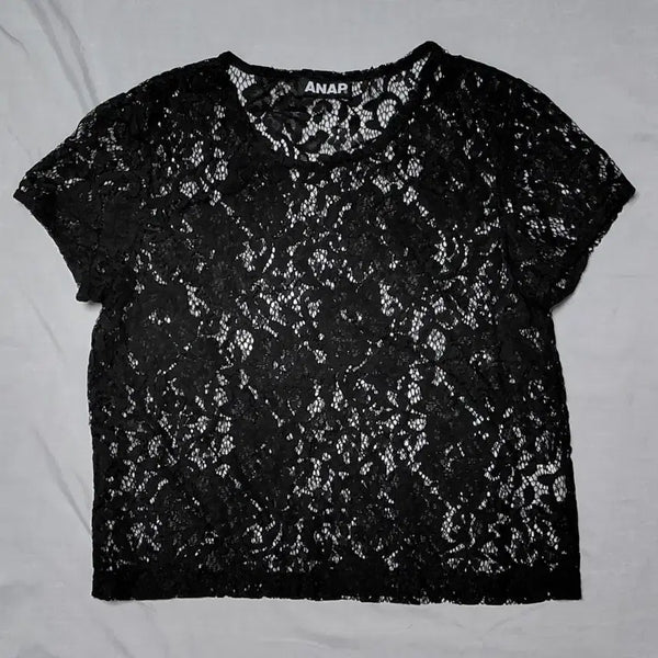 [BUNJANG] ANAP Black Flower Lace Short Sleeve Top (Sheer Layered) / [ANAP] 아납 블랙 플라워 레이스 반팔 탑 (시스루 레이어드)