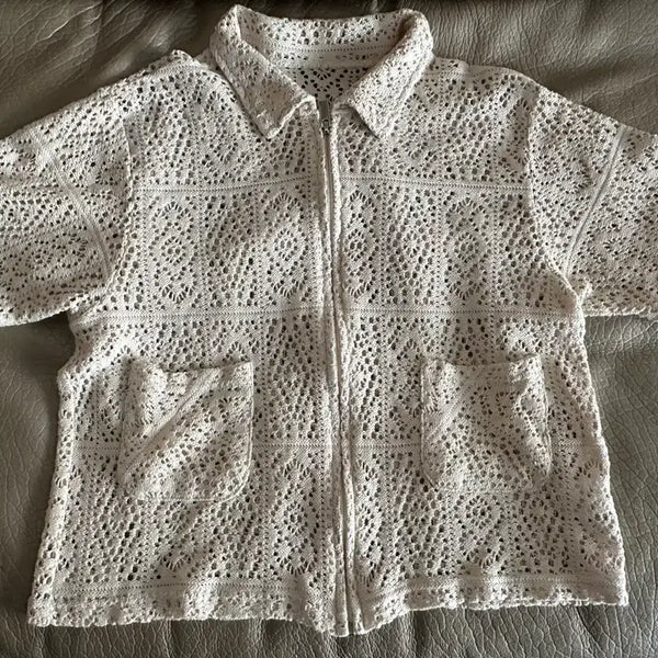 [BUNJANG] Lee Sang Bong Edition Ivory Crochet Half-Sleeve Zip-Up Cardigan / 이상봉 에디션 아이보리 크로셰 뜨개 반팔 집업 가디건