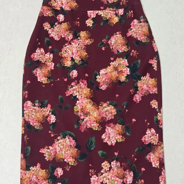 [BUNJANG] MOJO.S.PINE Flower Pattern H-Line Midi Long Skirt Burgundy / 모조에스핀 하객룩 플라워 패턴 H라인 미디 롱 스커트 버건디 44-55