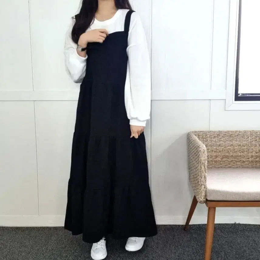 [BUNJANG] Avely Long Overalls Ruffle Bustier Dress - Black / [새상품] 에이블리 롱 멜빵 캉캉 뷔스티에 원피스 블랙