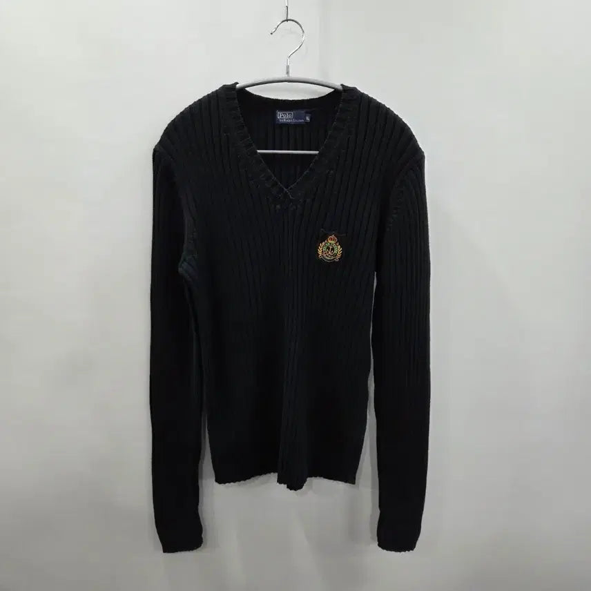 [BUNJANG] Polo Ralph Lauren Women's Laurel Wreath Crown Cotton V-Neck Ribbed Knit XL / 폴로랄프로렌 우먼 월계수 크라운 코튼 브이넥 립니트 XL