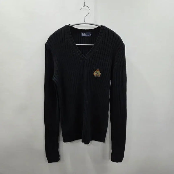 [BUNJANG] Polo Ralph Lauren Women's Laurel Wreath Crown Cotton V-Neck Ribbed Knit XL / 폴로랄프로렌 우먼 월계수 크라운 코튼 브이넥 립니트 XL