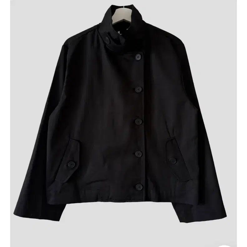 [BUNJANG] Black High Neck Short Double Trench Coat Jacket / 블랙 하이넥 숏 더블 트렌치코트 자켓