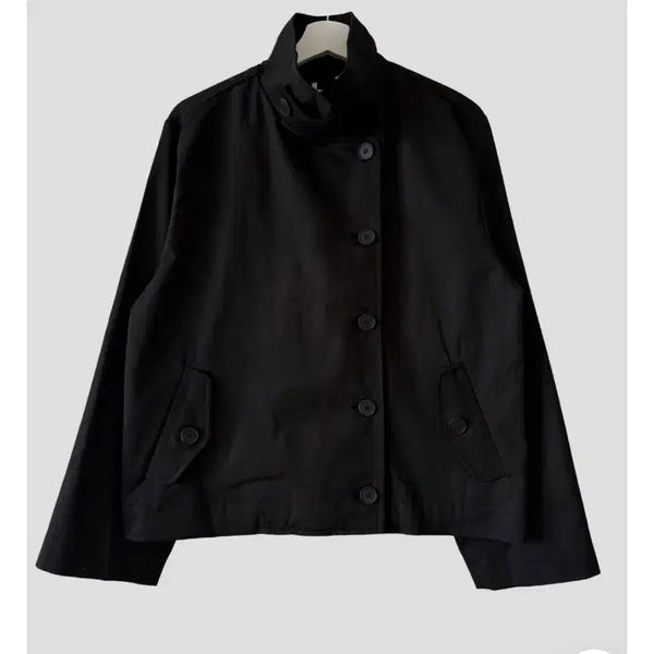 [BUNJANG] Black High Neck Short Double Trench Coat Jacket / 블랙 하이넥 숏 더블 트렌치코트 자켓