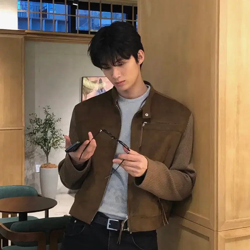 [BUNJANG] Day Crop Knit Suede Biker Jacket / 데이 크롭 니트 스웨이드 바이커 자켓