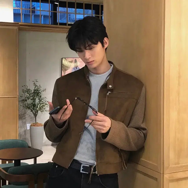 [BUNJANG] Day Crop Knit Suede Biker Jacket / 데이 크롭 니트 스웨이드 바이커 자켓