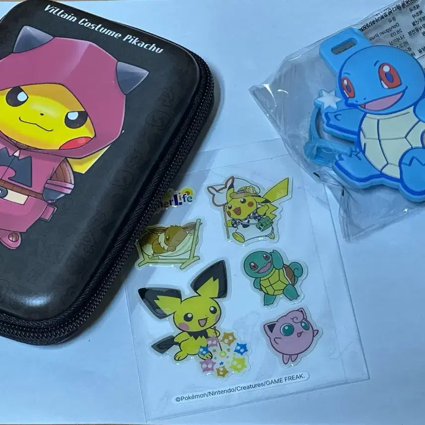[BUNJANG] Pokémon Pikachu Villain Costume Pouch, Squirtle Luggage Tag, and Sticker Set / 올리브영 포켓몬 피카츄 빌런 코스튬 파우치, 꼬부기 러기지택, 스티커