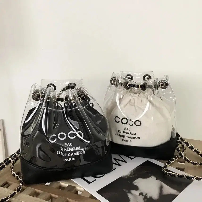 [BUNJANG] COCO Clear PVC Drawstring Chain Bucket Bag Backpack / COCO 코코 투명 PVC 복조리 체인 버킷백 백팩