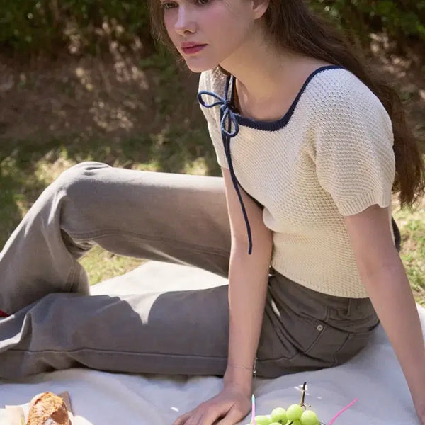 [BUNJANG] Drawfit Women Balloon Ribbon Square Knit Top (Ivory) / 드로우핏우먼 발롱 리본 스퀘어 니트 탑 (아이보리)