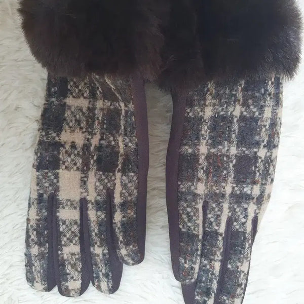 [BUNJANG] Women's Fur Trimmed Checkered Pattern Gloves / 털 장갑