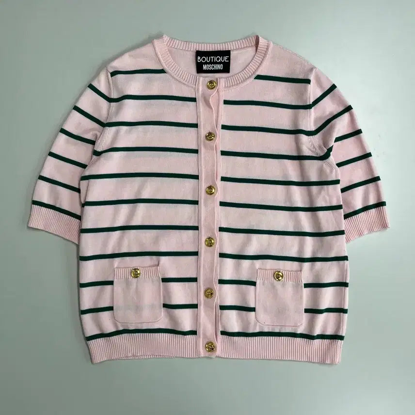 [BUNJANG] Moschino Stripe Pink Crewneck Short-Sleeve Cardigan / [정품] 모스키노 스트라이프 핑크 크루넥 반팔 가디건