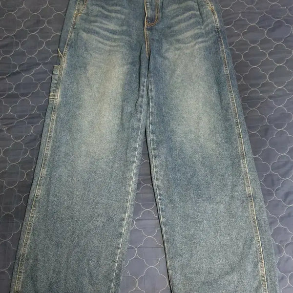 [BUNJANG] GUBIN Embroidered Logo Washed Work Denim Pants / GUBIN 와이드 백포켓 자수로고 워싱 워크 데님팬츠 (M)
